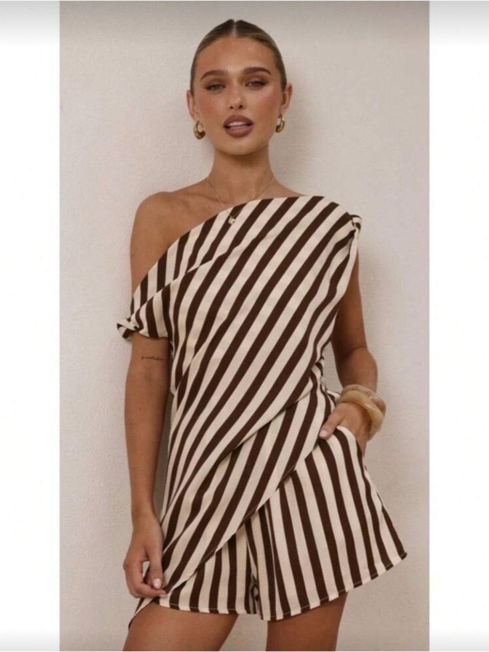 Women’s One-Shoulder Brown and Cream Striped Two-Piece Set